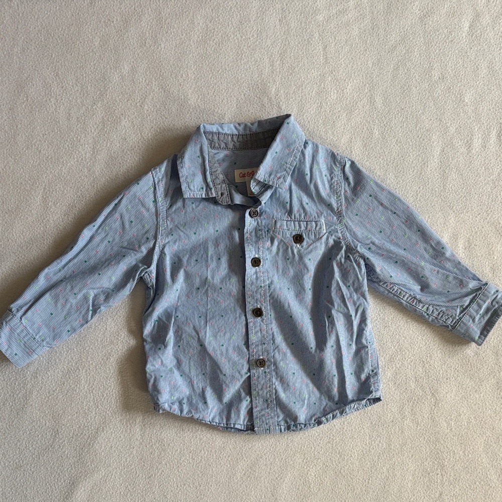 Cat & Jack Light Blue Button-Up Shirt with Tiny Multicolor Dots